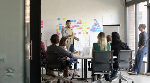 Creative millennial business people using adhesive notes in meeting Stock Footage 66988602