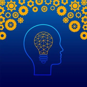 Creative Mind. Lightbulb filled with polygonal connections inside of human Stock Illustration