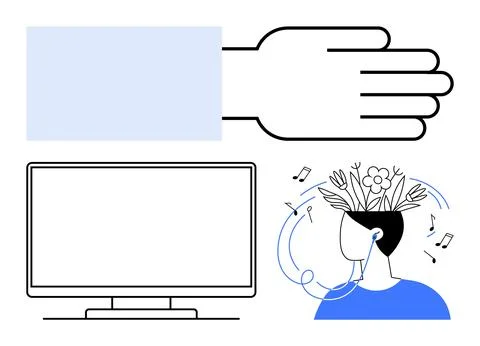 Creative Mind Listening to Music Through Headphones with Monitor and Hand E.. Illustrazione stock