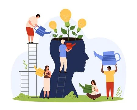 Creative mind, personal growth and ideas development, tiny people grow light イラスト素材