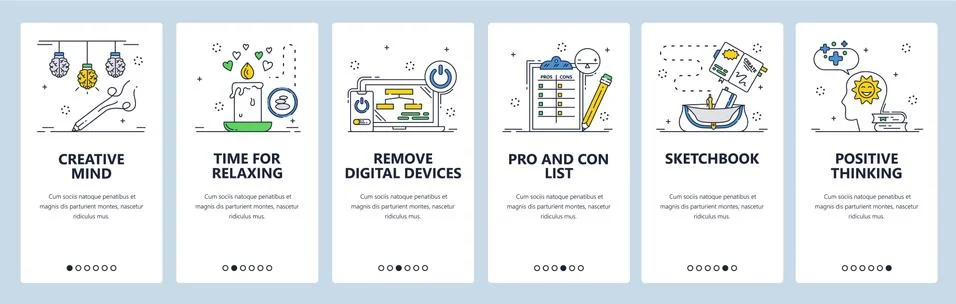 Creative mind, positive thinking. Mobile app onboarding screens, vector website 스톡 일러스트