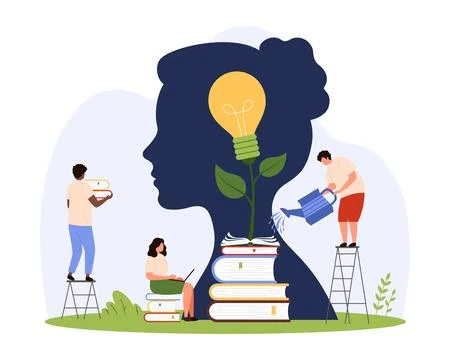Creative mindset development with knowledge help, tiny people growing light bulb Stock Illustration
