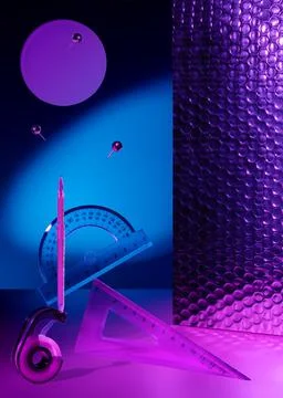 Creative minimal composition made with school supplies flying in the air in neon Stock Photos