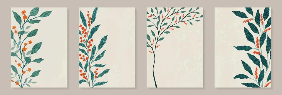 Creative minimalist Abstract art background with leaves branch and Hand Drawn Stock Illustration
