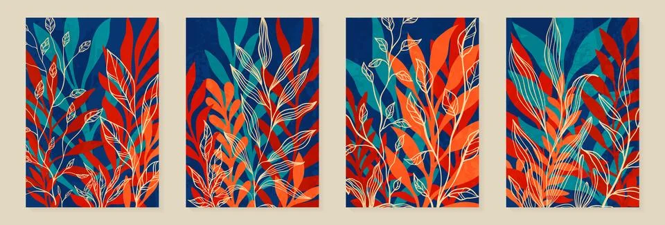 Creative minimalist Abstract art background with leaves branch and Hand Drawn Stock Illustration