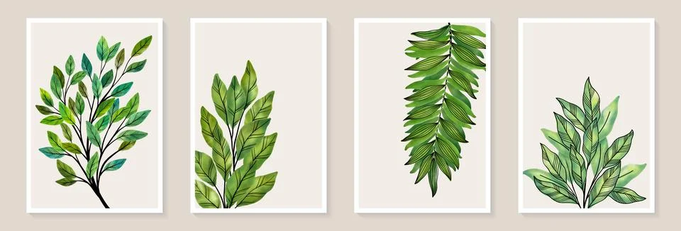 Creative minimalist Abstract art background with watercolor leaves and doodle Stock Illustration