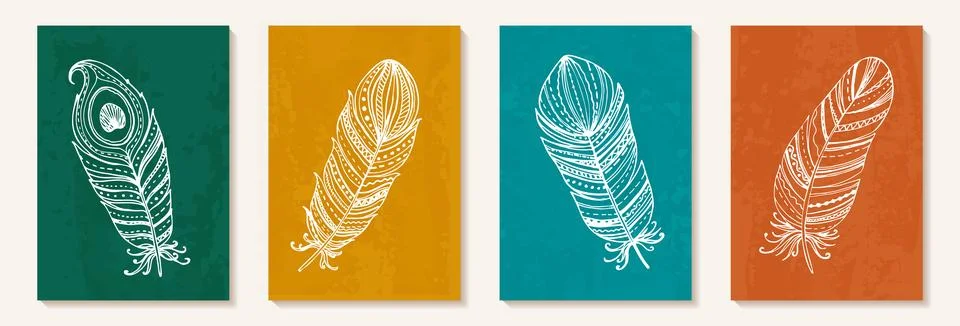 Creative minimalist hand draw feather Abstract art background. Modern aesthet Stock Illustration