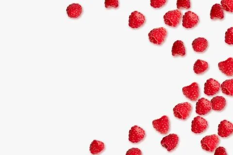 Creative minimalist pattern of juicy red raspberry on white background. Food  Stock Photos