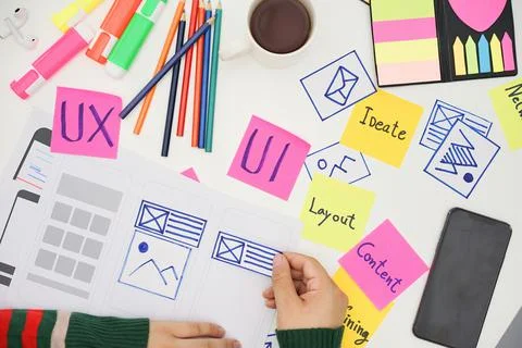 Creative mobile responsive website designer sorting wireframe screens of mobi Stock Photos