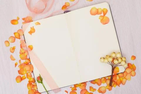 Creative mock up layout made with copy space on table. Open sketchbook. Hand Stock Photos