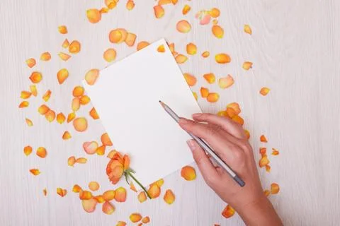 Creative mock up layout made with copy space on table. Open sketchbook. Hand Stock Photos