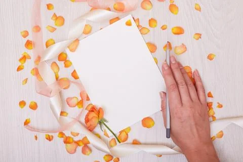 Creative mock up layout made with copy space on table. Open sketchbook. Hand Stock Photos