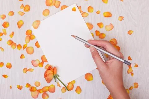 Creative mock up layout made with copy space on table. Open sketchbook. Hand Stock Photos