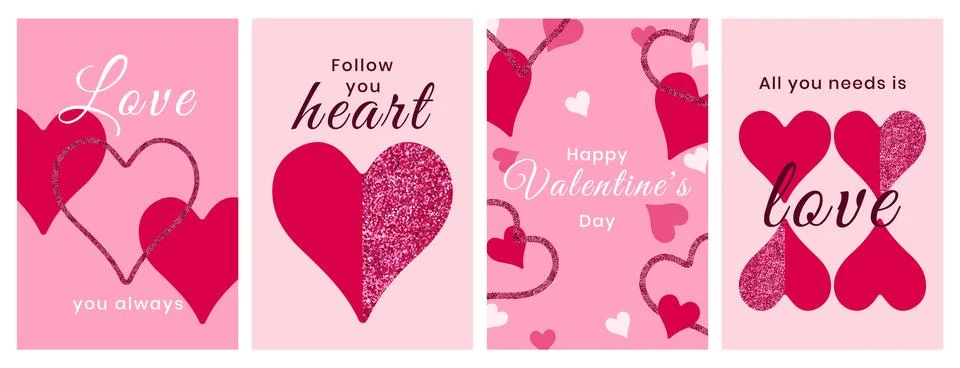 Creative modern abstract design with glitter hearts and typography. Set of Stock Illustration