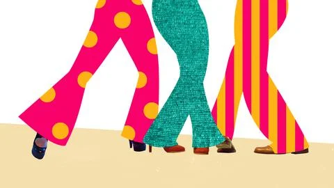 Creative modern artwork. Legs of three people in bold patterned retro pants Stock Photos