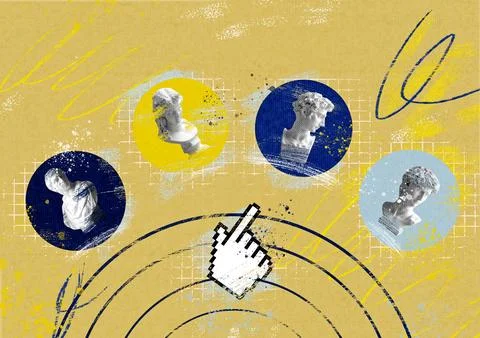 Creative modern collage finger cursor and statues Stock-Fotos