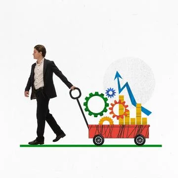 Creative modern conceptual design. Man carrying on little truck graphs and Stock Photos