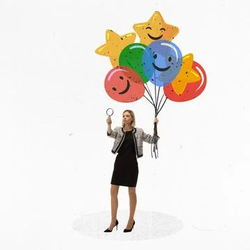 Creative modern conceptual design. Marketer, woman holding air balloons meaning Stock Photos