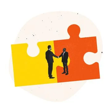 Creative modern design. Contemporary art collage of two men, businessmen shaking Ilustración de archivo