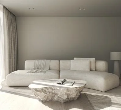 Creative modern grey interior living room with sunlight, stone table, round sofa Stock Illustration