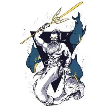 Creative modern print with Poseidon. T-Shirt Design Printing, clothes, bags, Stock Illustration