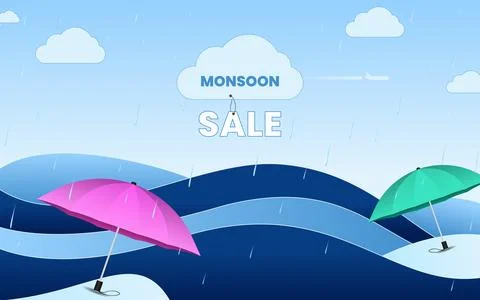 Creative monsoon wave background with vibrant umbrellas and raindrops Stock Illustration