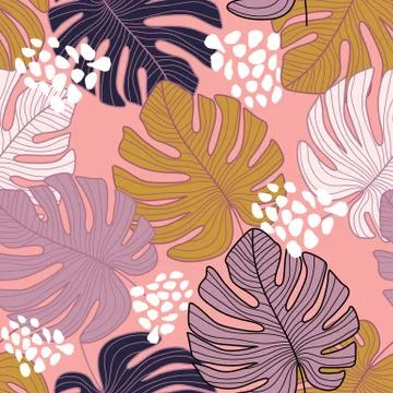 Creative monstera leaf seamless pattern on pink background. Illustrazione stock