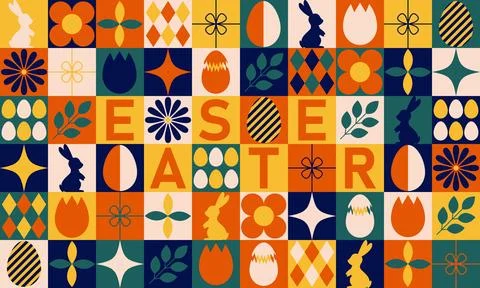 Creative mosaic Happy Easter seamless pattern with geometric shapes. Spring.. Stock Illustration