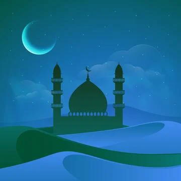 Creative Mosque in desert, Beautiful cloudy night view background. Vector i.. Stock Illustration