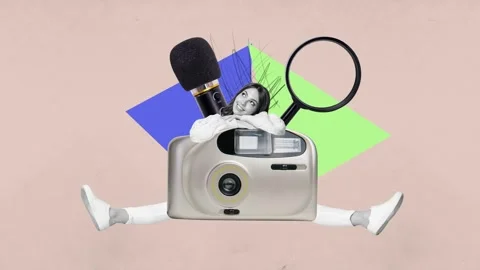Creative motion art collage of happy girl sit retro camera shooting microphone Stock Footage 301513856