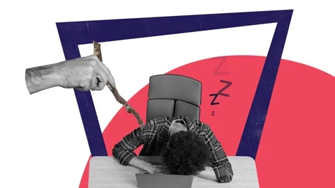 Creative motion art collage of sleepy man employee lay workplace table laptop Stock Footage 302994652