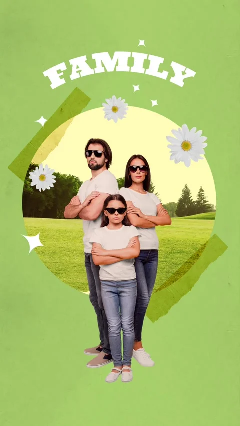 Creative motion art collage of three happy mom father daughter stand together Stock Footage 301515459
