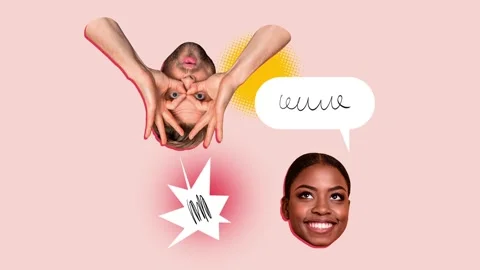 Creative motion art collage of two happy guy american girl bodyless head chat Stock-Footage 302374932