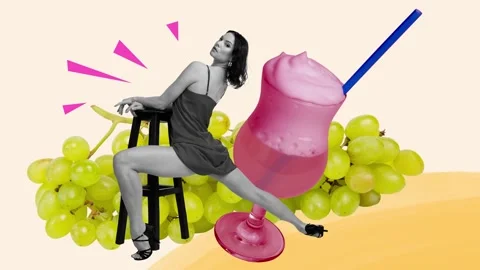 Creative motion art collage video of serious flexible girl stand stool grape Stock Footage 301630139