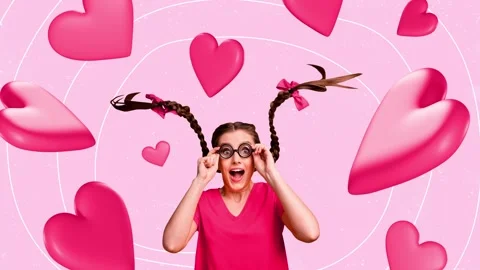 Creative motion art collage video of girl hold glasses pink heart valentine day Stock-Footage 301631657