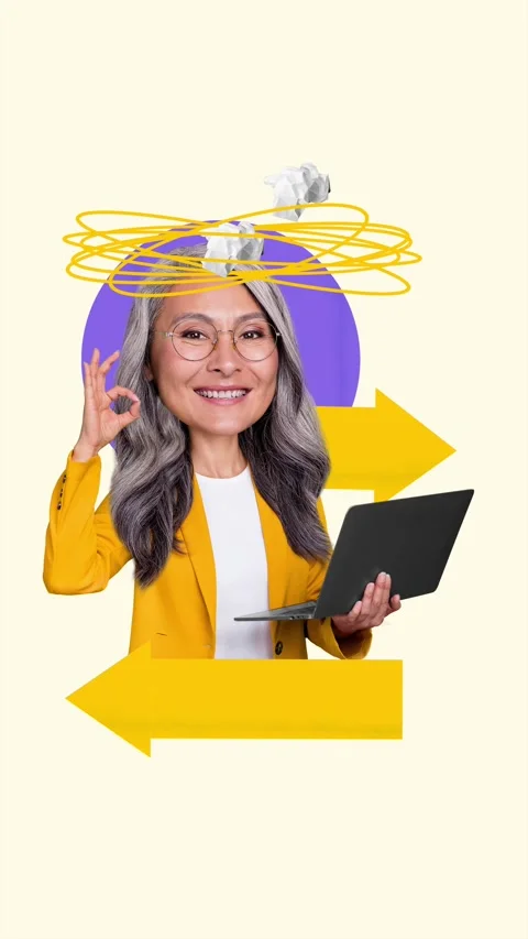 Creative motion art collage video of old businesswoman show okay hold laptop Stock Footage 301633298