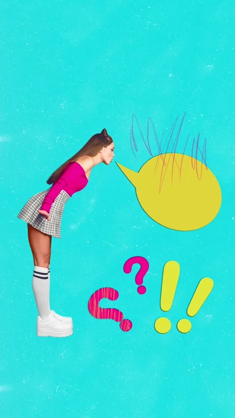 Creative motion art collage video of happy girl stand exclamation question Stock Footage 301633760