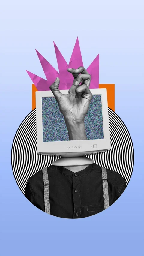 Creative motion art collage video of anonym man instead head pc monitor Stock Footage 302375326