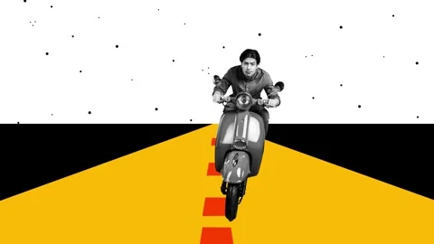 Creative motion art collage video of serious businessman ride moped Stock Footage 302986278