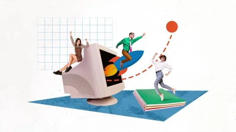 Creative motion art collage video of happy team girls guy ride rocket Stock Footage 302987767