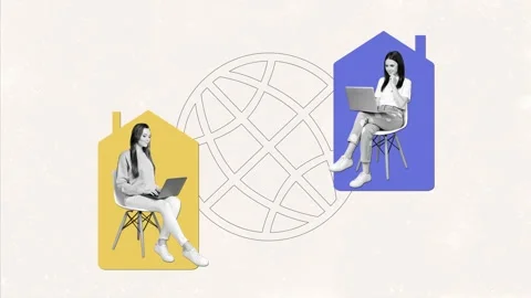 Creative motion art collage video of happy businesswomen sit home remote work Video stock 302993627