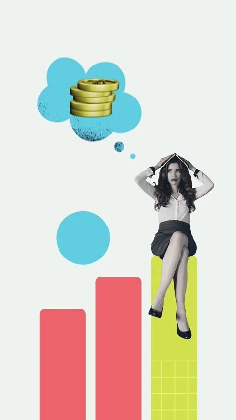 Creative motion art collage video of minded businesswoman sit chart dream coin Stock-Footage 309510494