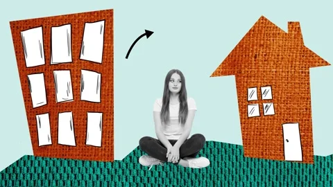 Creative motion art collage video of happy girl sit home flat relocation arrow Stock Footage 309510764