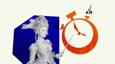 Creative motion art collage video of happy duchess girl hold pointer stick clock Stock Footage 311503937