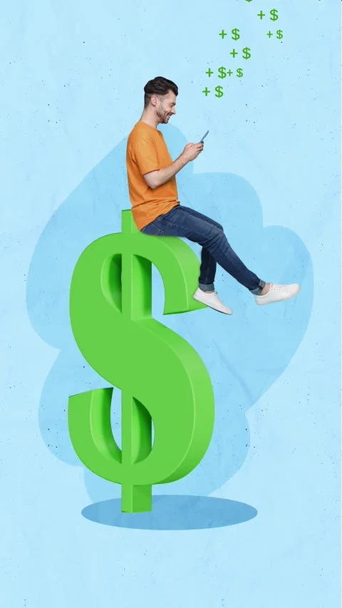 Creative motion art collage video of happy businessman surf phone dollar profit Stock Footage 312316464