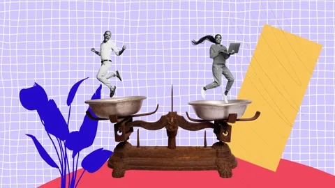 Creative motion collage of two happy american girl guy business colleagues jump Stock-Footage 302994299
