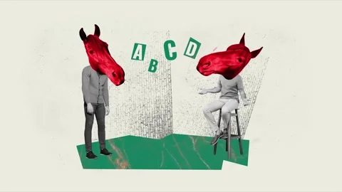 Creative motion collage of two headless horse people interview letters manager Video stock 310671812