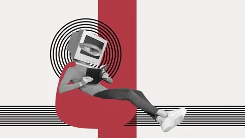 Creative motion collage video of anonym man sit beanbag instead head pc monitor Stock Footage 301630087