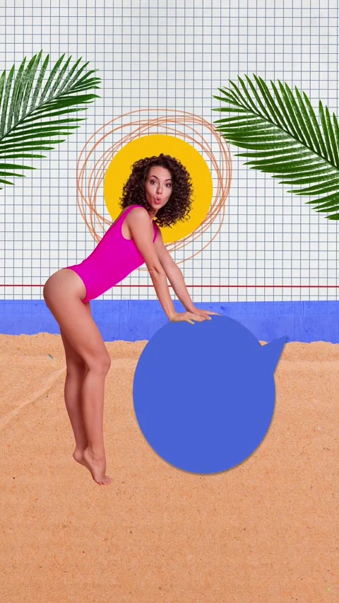 Creative motion collage video of astonished girl stand summer beach bubble Video stock 301515315