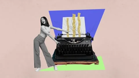 Creative motion collage video of excited girl writer point retro typewriter Stock-Footage 301514379